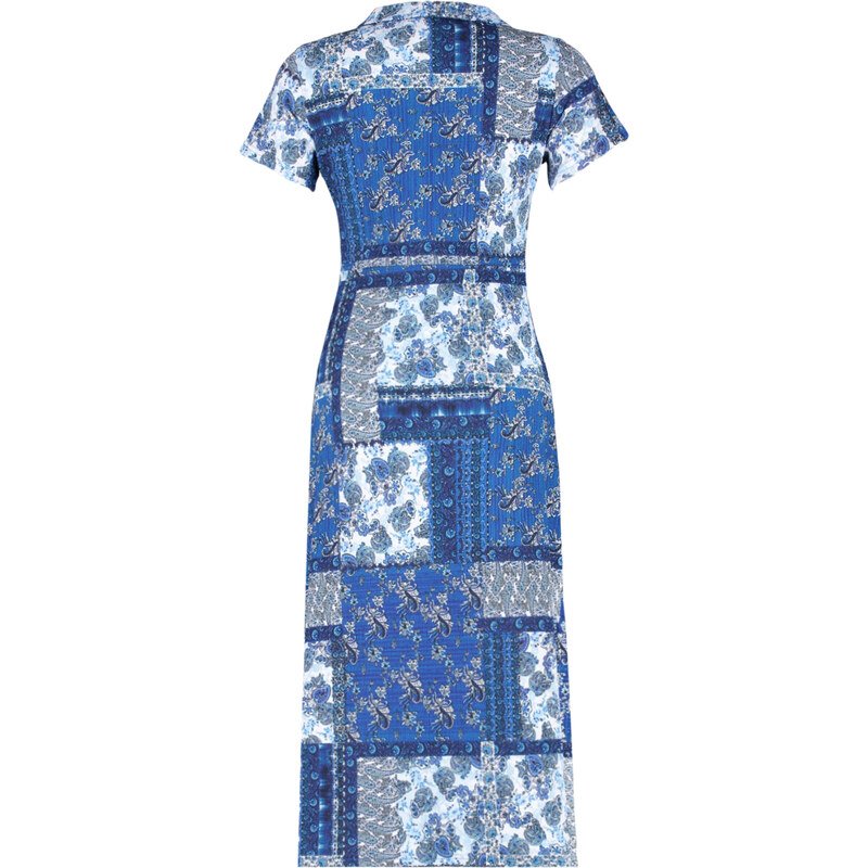 Trendyol Navy Blue Printed Polo Collar A-line/Bell Form Wrap/Textured Knitted Midi Dress