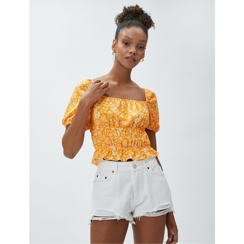 Koton Crop T-Shirt with Floral Gippe Balloon Sleeve