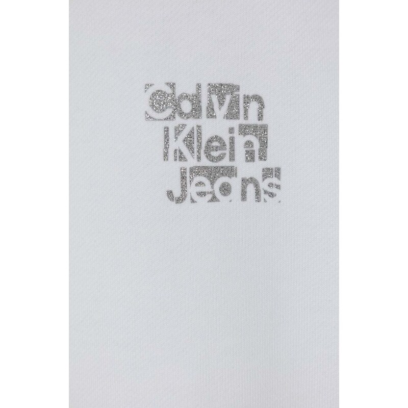 Dětská bavlněná mikina Calvin Klein Jeans bílá barva, s kapucí, s potiskem