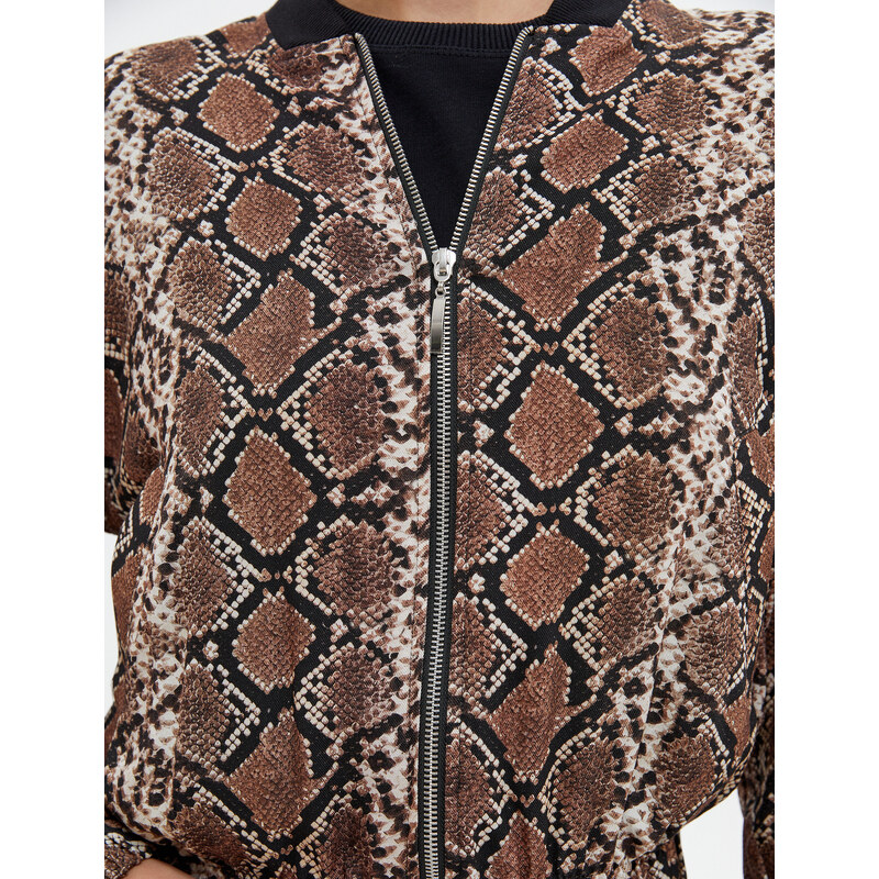 Koton Oversize Bomber Jacket Zipper Snakeskin Patterned Pocket