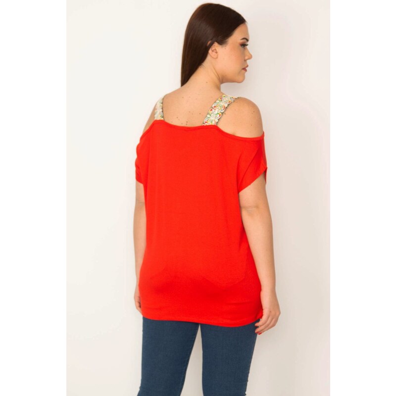 Şans Women's Plus Size Red Off-the-shoulder blouse with sequined lace detail around the neck and the hem.