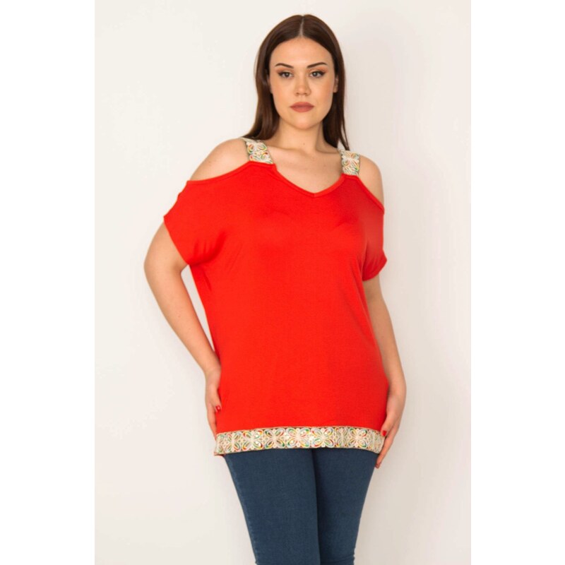 Şans Women's Plus Size Red Off-the-shoulder blouse with sequined lace detail around the neck and the hem.