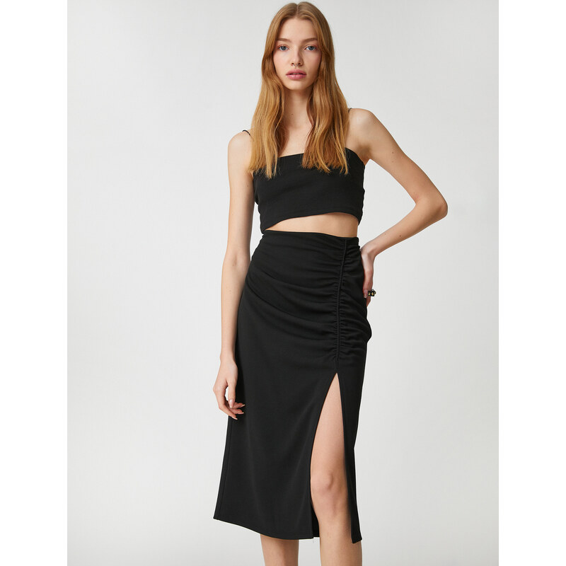 Koton Midi Skirt Slit Detailed Crepe Gathered