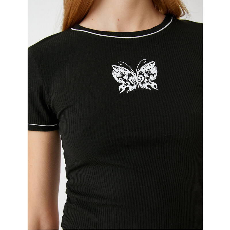 Koton Crop T-Shirt Butterfly Printed Crewneck Short Sleeved