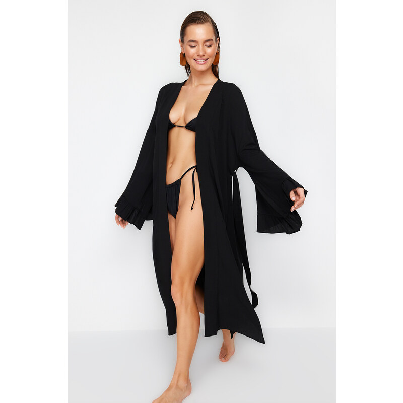 Trendyol Black Belted Maxi Woven Ruffled 100% Cotton Kimono&Kaftan