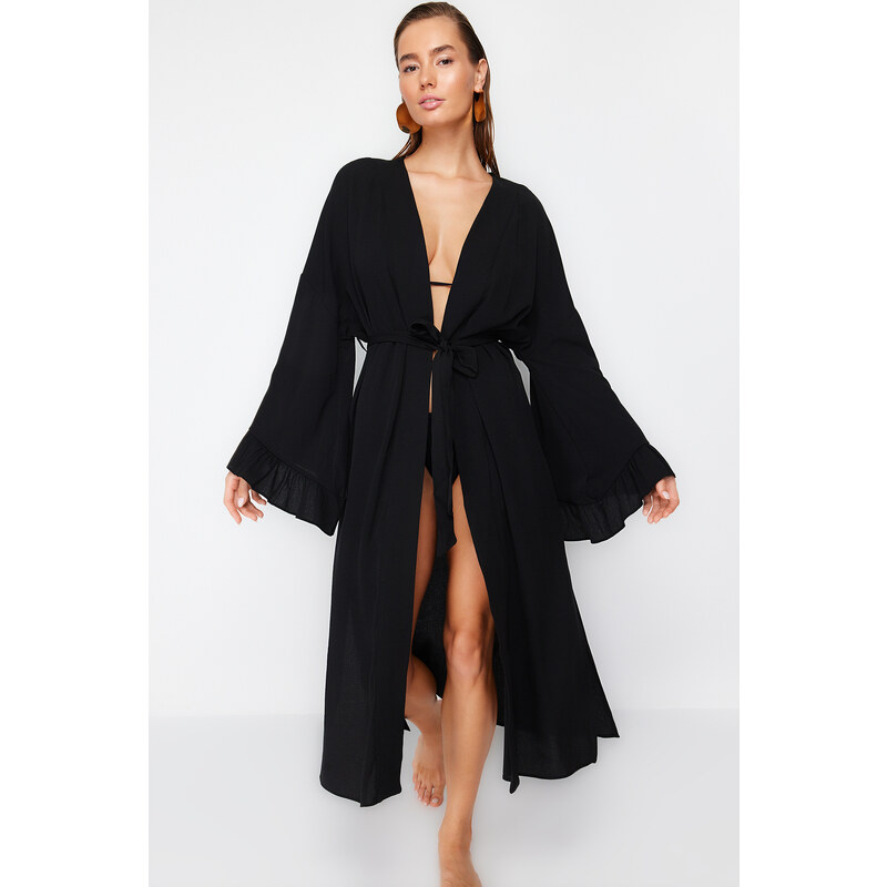 Trendyol Black Belted Maxi Woven Ruffled 100% Cotton Kimono&Kaftan