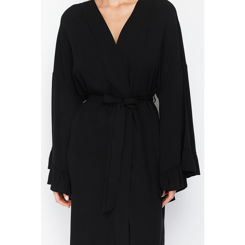Trendyol Black Belted Maxi Woven Ruffled 100% Cotton Kimono&Kaftan