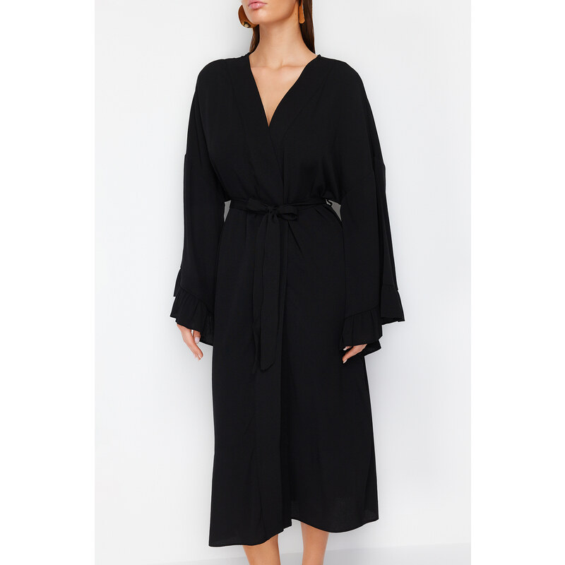 Trendyol Black Belted Maxi Woven Ruffled 100% Cotton Kimono&Kaftan