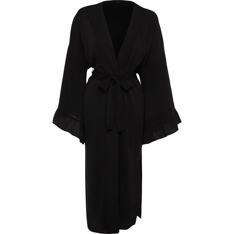 Trendyol Black Belted Maxi Woven Ruffled 100% Cotton Kimono&Kaftan