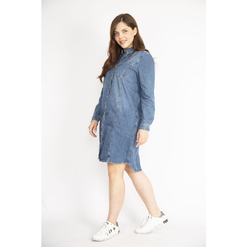 Şans Women's Navy Blue Plus Size Front Buttoned Sleeve Length Adjustable Side Pockets Denim Dress