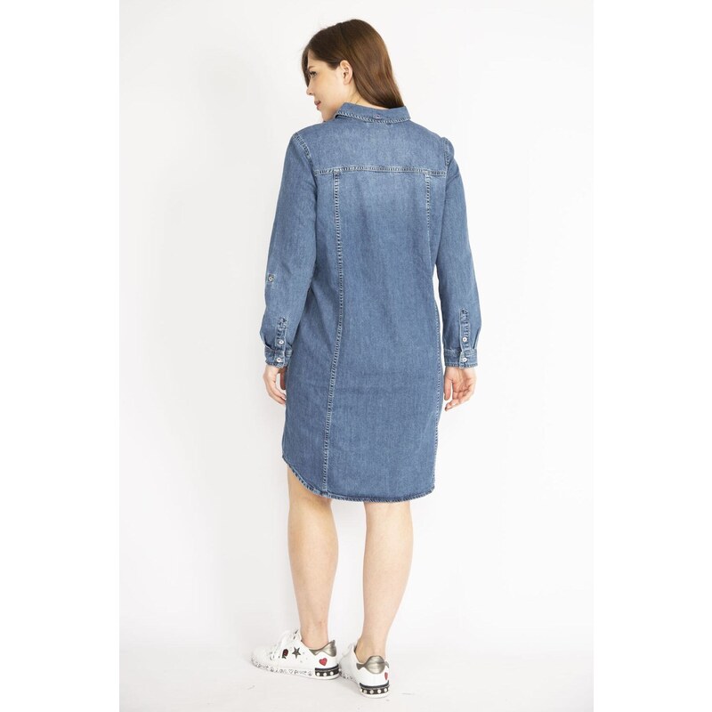 Şans Women's Navy Blue Plus Size Front Buttoned Sleeve Length Adjustable Side Pockets Denim Dress