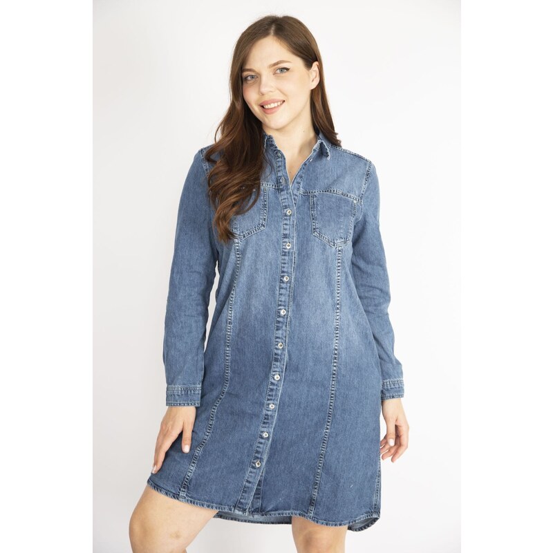 Şans Women's Navy Blue Plus Size Front Buttoned Sleeve Length Adjustable Side Pockets Denim Dress