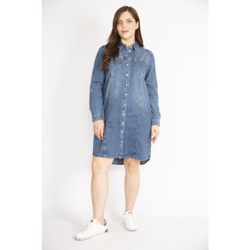 Şans Women's Navy Blue Plus Size Front Buttoned Sleeve Length Adjustable Side Pockets Denim Dress