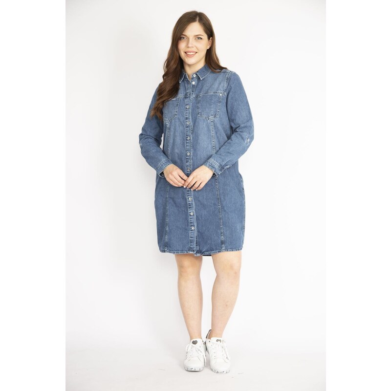 Şans Women's Navy Blue Plus Size Front Buttoned Sleeve Length Adjustable Side Pockets Denim Dress