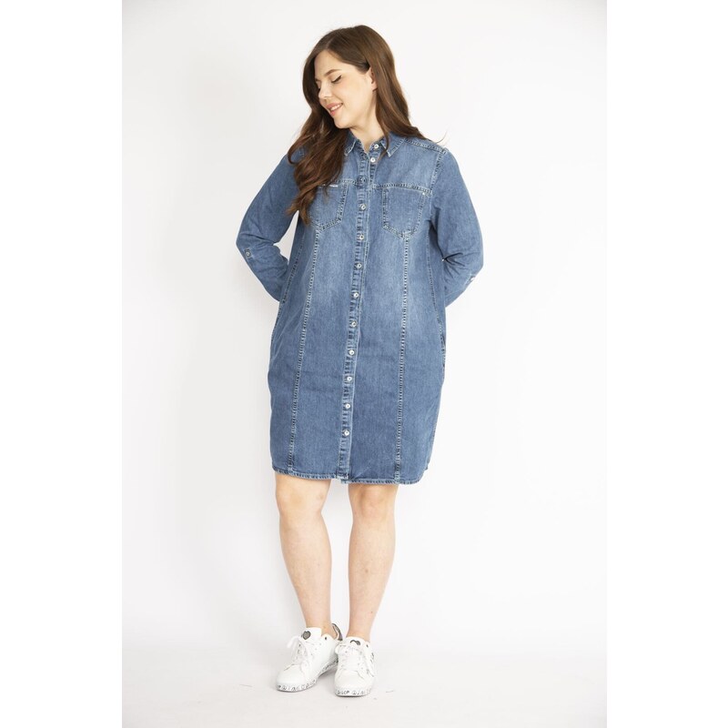 Şans Women's Navy Blue Plus Size Front Buttoned Sleeve Length Adjustable Side Pockets Denim Dress