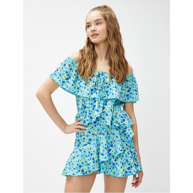 Koton Floral Jumpsuit Off Shoulder Ruffled Tie Detail