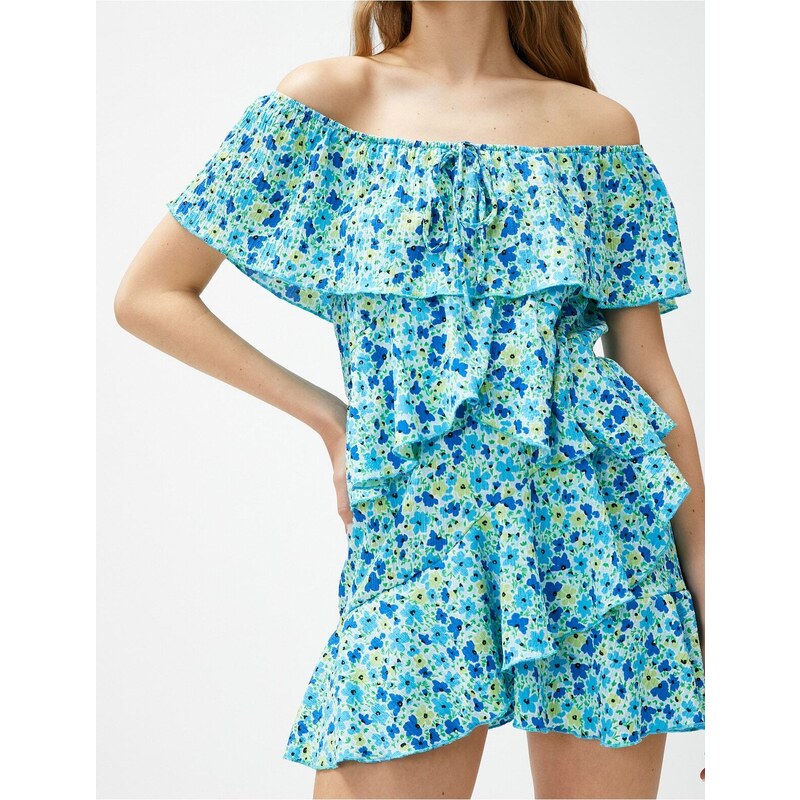 Koton Floral Jumpsuit Off Shoulder Ruffled Tie Detail