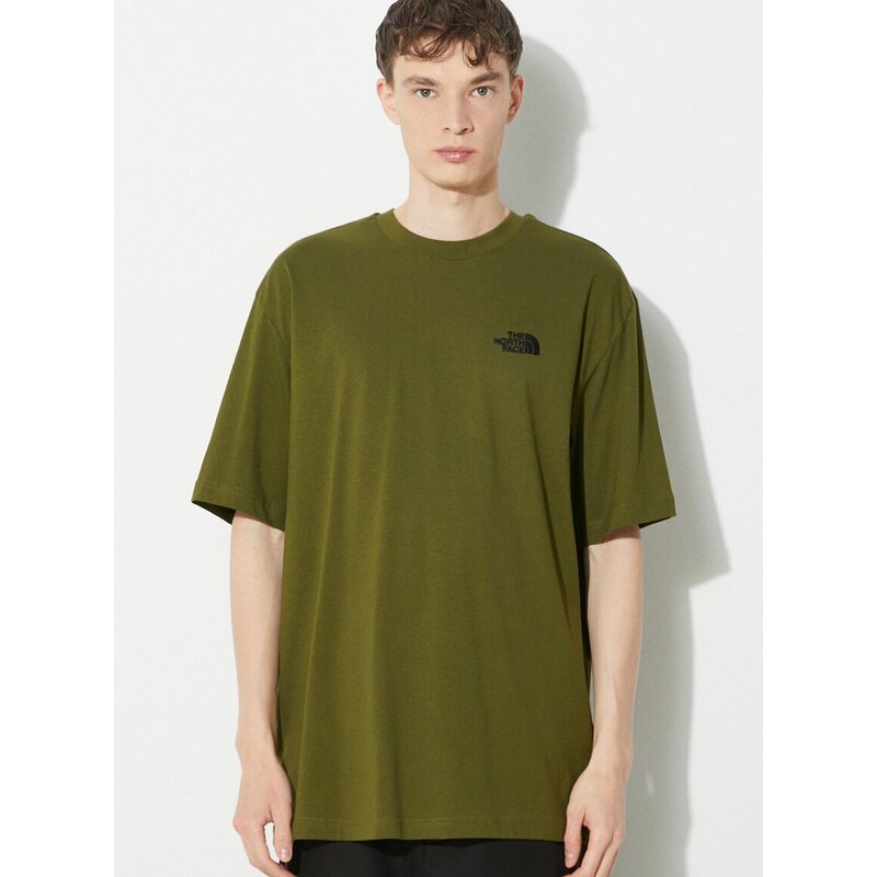 Bavlněné tričko The North Face M S/S Essential Oversize Tee zelená barva, s aplikací, NF0A87NRPIB1