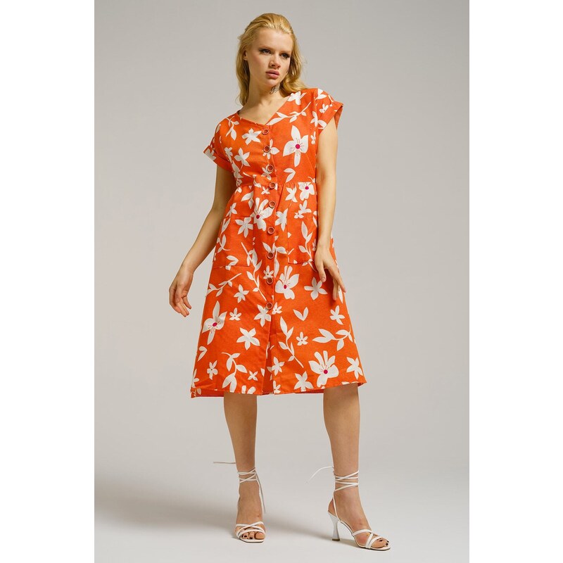 armonika Women's Orange Patterned V-Neck Button Front Midi Length Dress