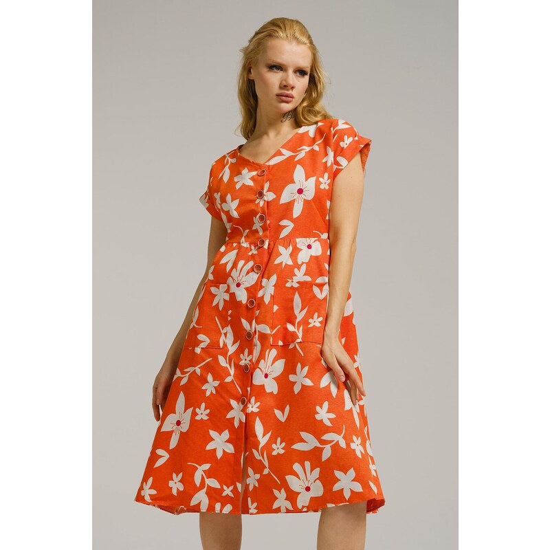 armonika Women's Orange Patterned V-Neck Button Front Midi Length Dress