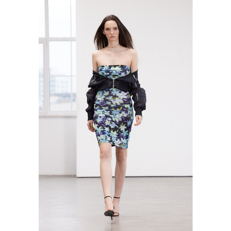 Trendyol Limited Edition Blue Floral Printed Mini Strapless Neck Flexible Knitted Dress