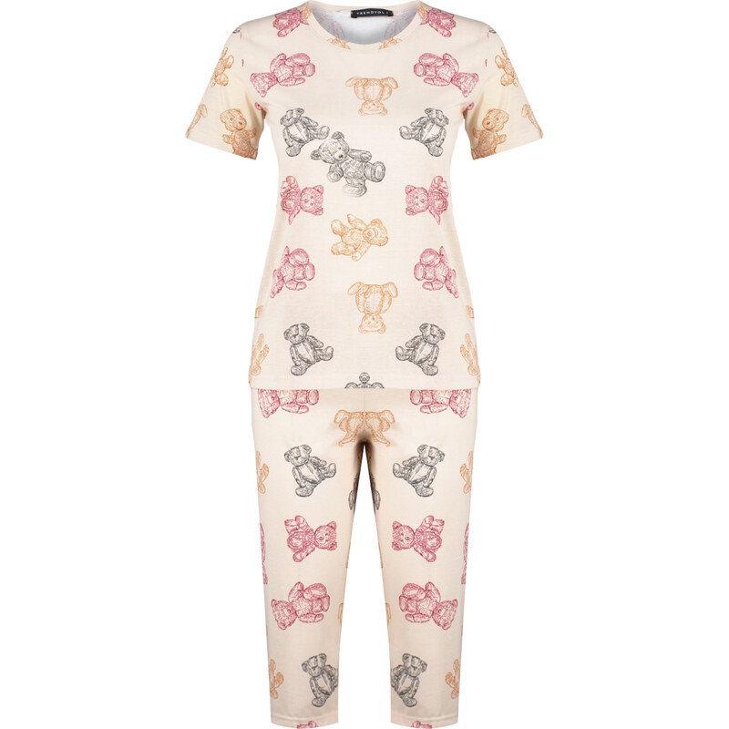 Trendyol Multi Color Cotton Teddy Bear Pattern Capri Knitted Pajamas Set