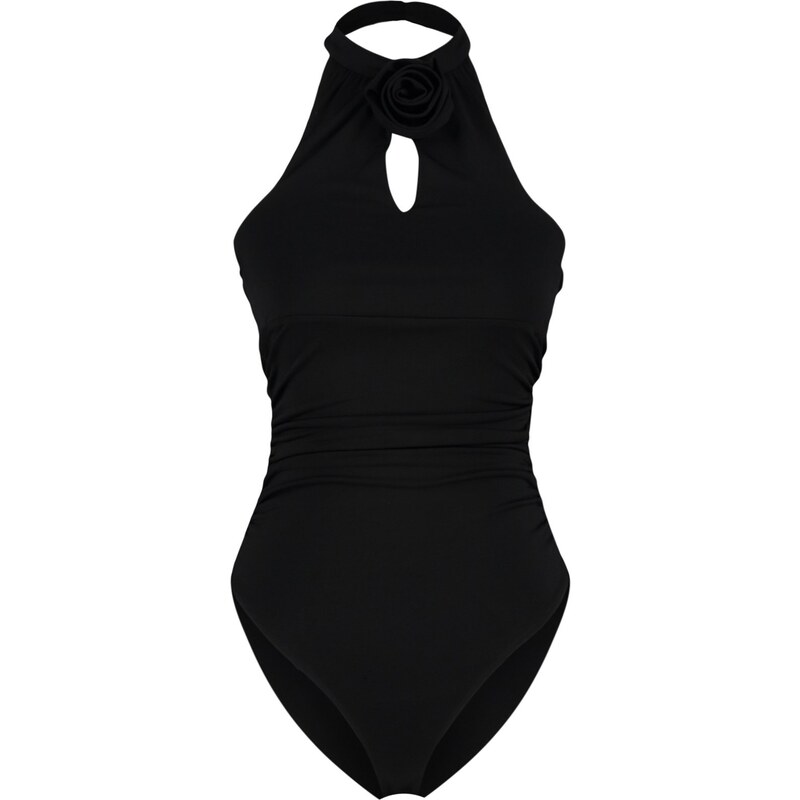 Trendyol Black Fitted Cut Out and Rose Detail Snaps Stretch Knitted Bodysuit