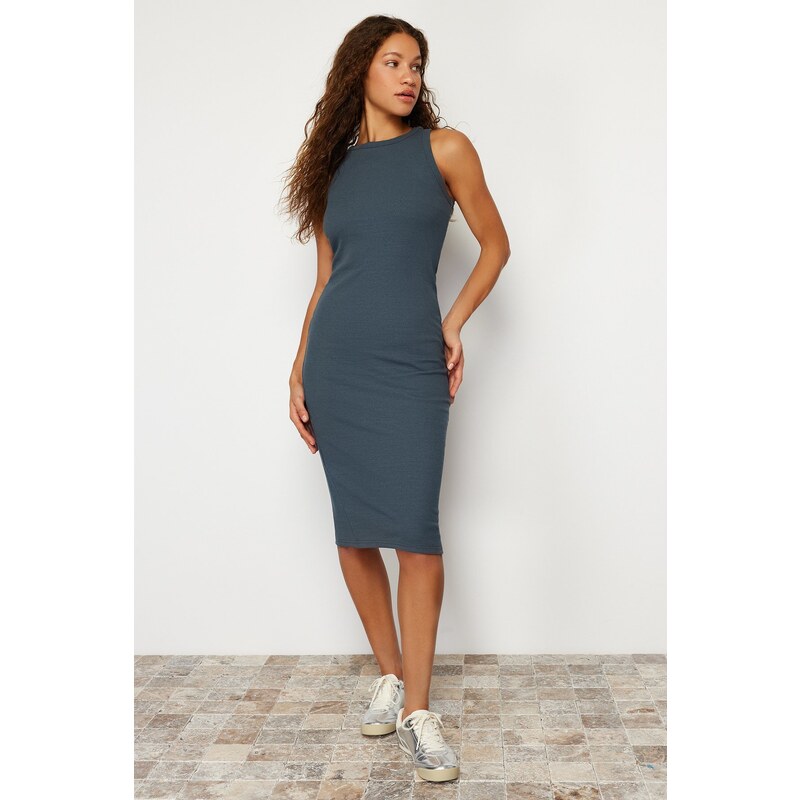 Trendyol Light Anthracite Halter Neck Fitted Ribbed Stretch Midi Knit Dress