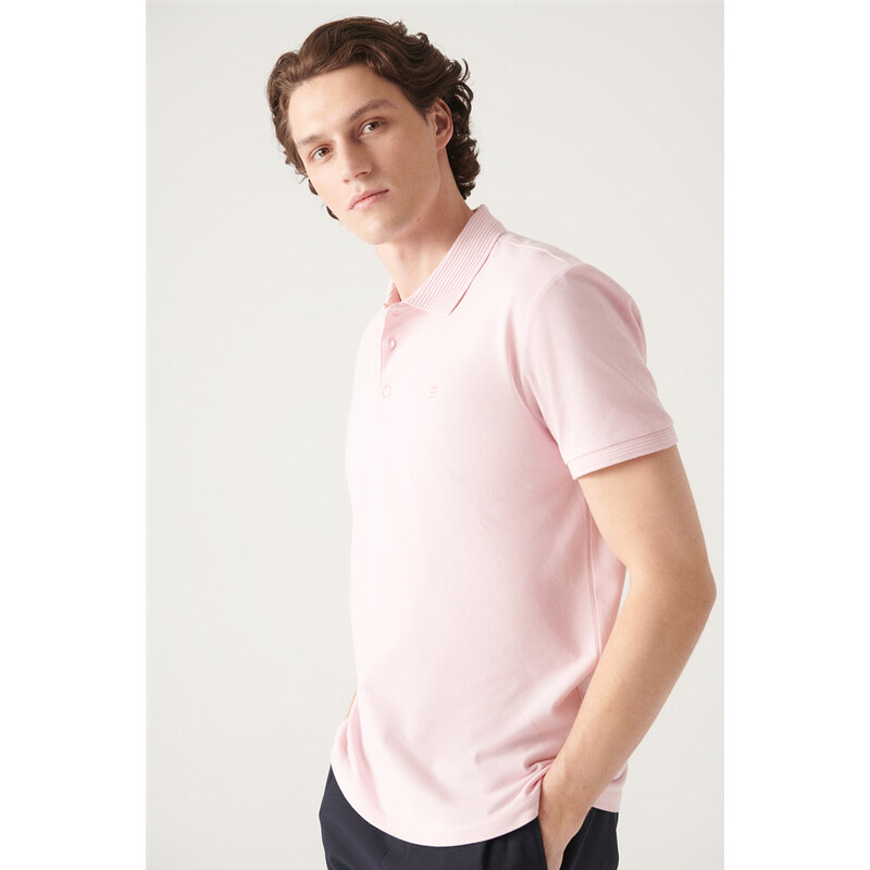 Avva Men's Light Pink 100% Egyptian Cotton Regular Fit 3 Button Polo Collar T-shirt