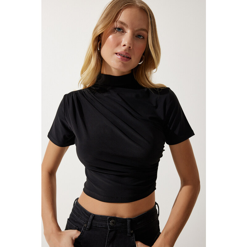 Happiness İstanbul Women's Black Gathered High Neck Knitted Blouse