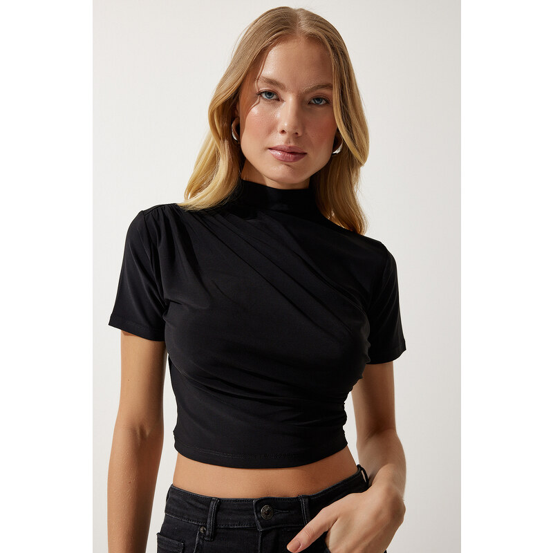 Happiness İstanbul Women's Black Gathered High Neck Knitted Blouse