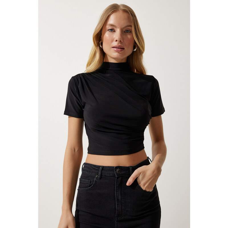 Happiness İstanbul Women's Black Gathered High Neck Knitted Blouse