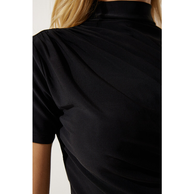 Happiness İstanbul Women's Black Gathered High Neck Knitted Blouse