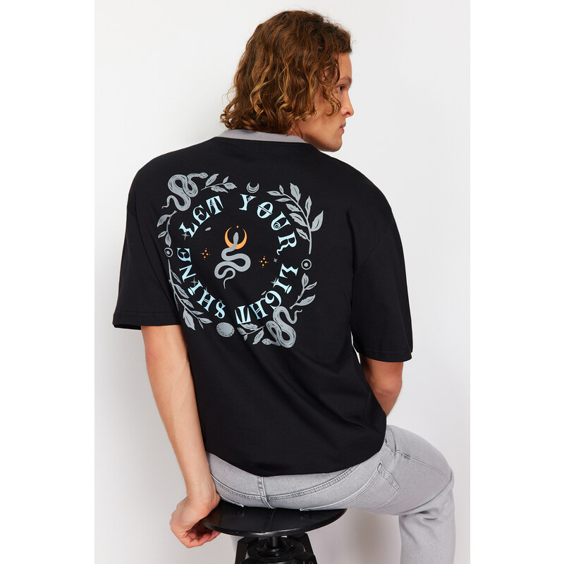 Trendyol Black Oversize/Wide Cut Mystic Print Contrast Collar Rib 100% Cotton T-Shirt