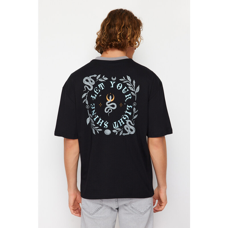 Trendyol Black Oversize/Wide Cut Mystic Print Contrast Collar Rib 100% Cotton T-Shirt