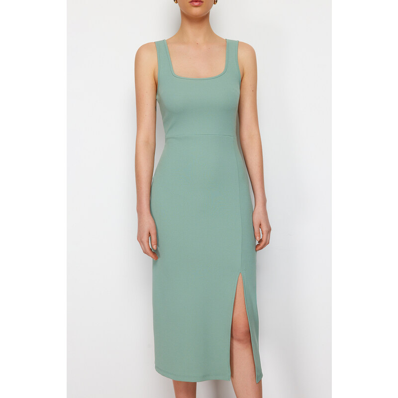 Trendyol Mint Fitted Square Neck Elastic Knitted Midi Dress With Slit