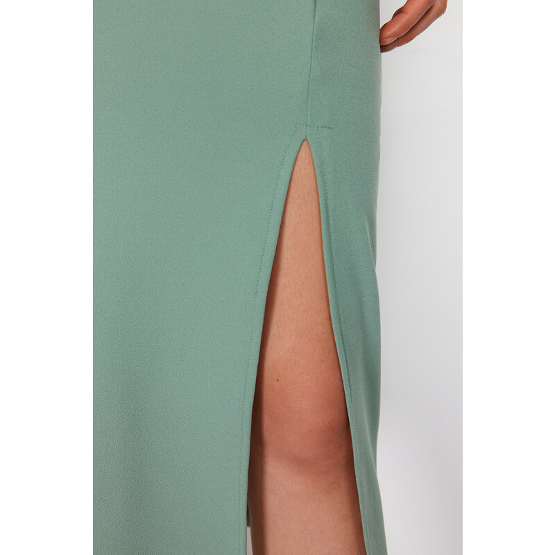 Trendyol Mint Fitted Square Neck Elastic Knitted Midi Dress With Slit