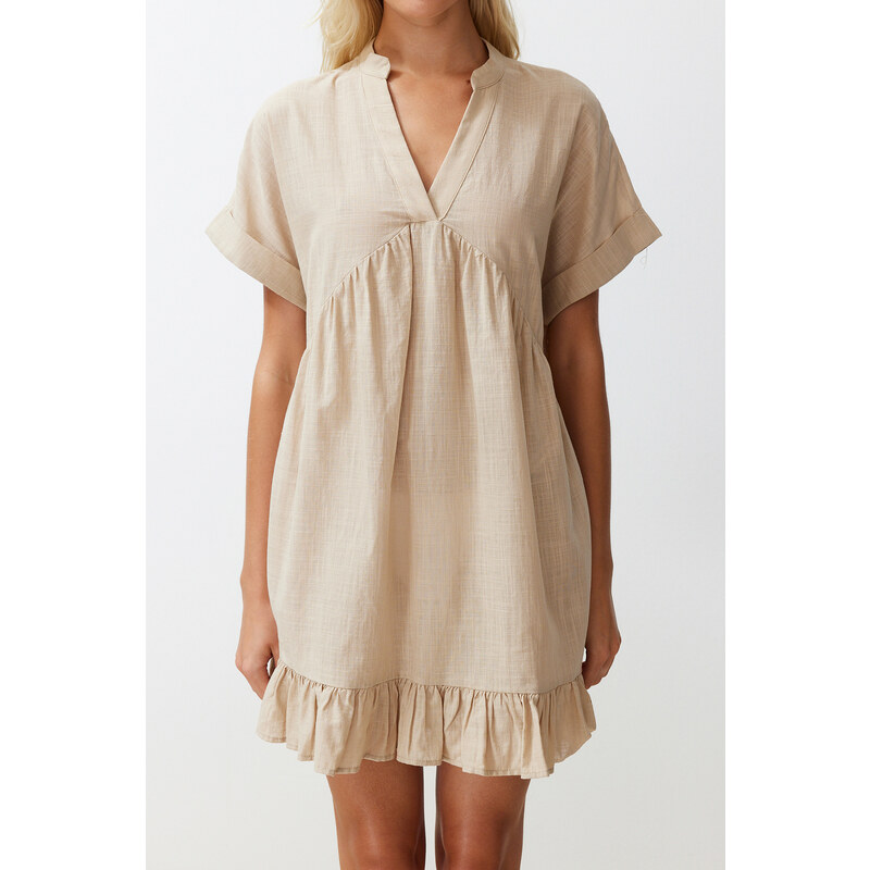 Trendyol Beige Wide Fit Mini Woven Ruffle Beach Dress