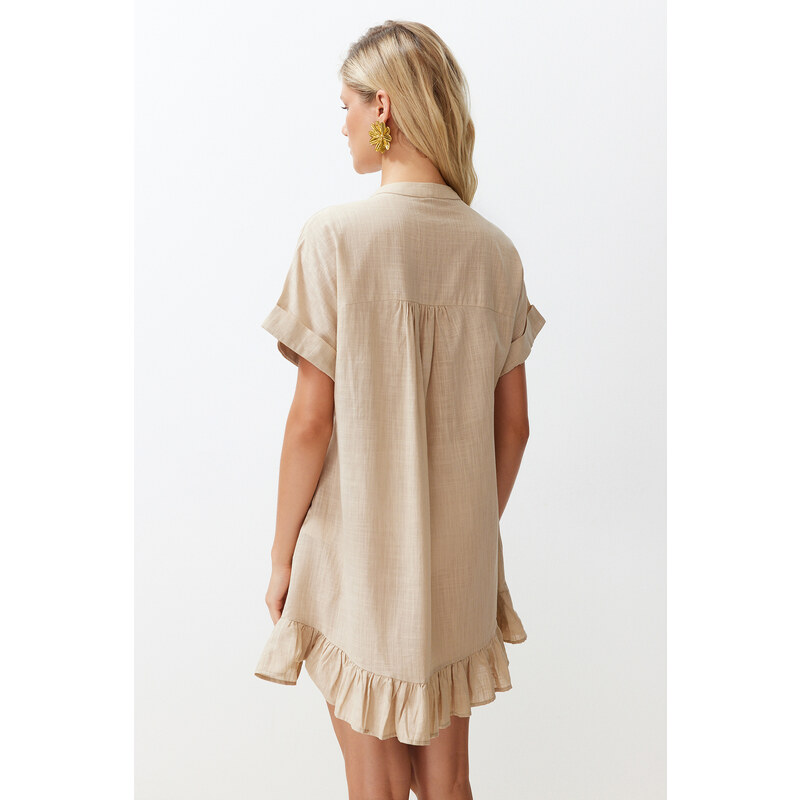 Trendyol Beige Wide Fit Mini Woven Ruffle Beach Dress