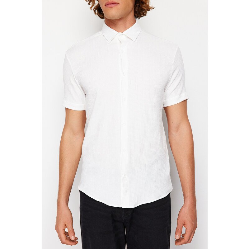 Trendyol White Regular Fit Short Sleeve Summer Textured Knitted Shirt