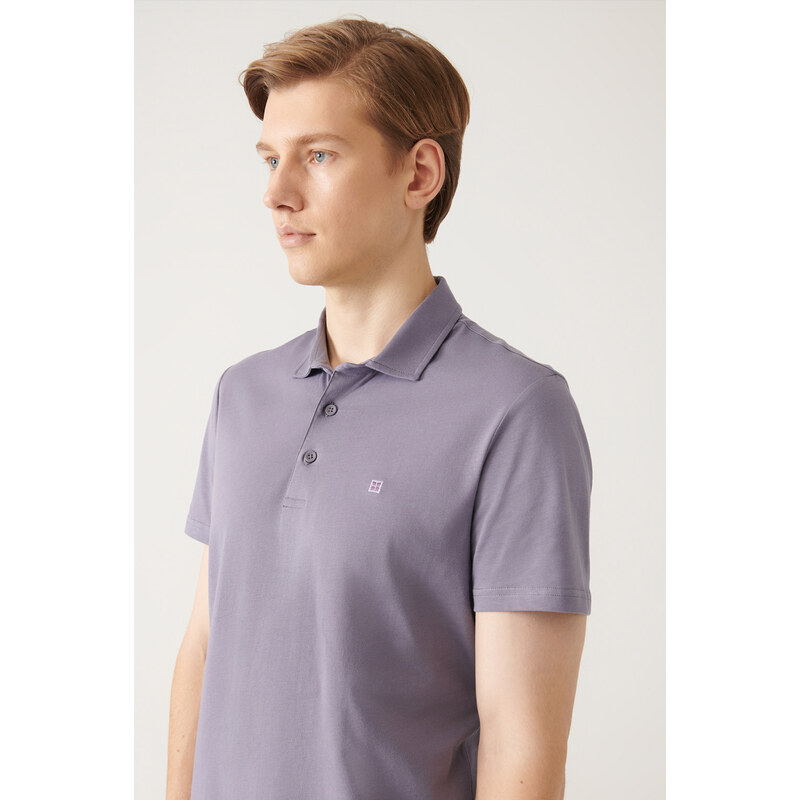 Avva Men's Lilac 100% Cotton Regular Fit 3 Button Roll-Up Polo T-shirt