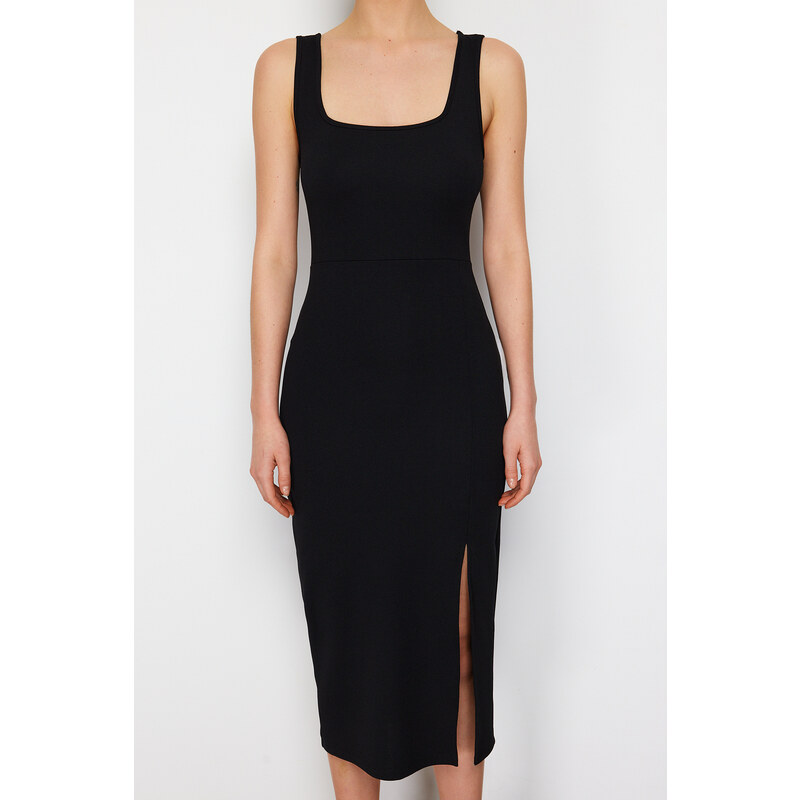 Trendyol Black Fitted/Body-Sitting Slit Square Collar Flexible Knitted Midi Dress