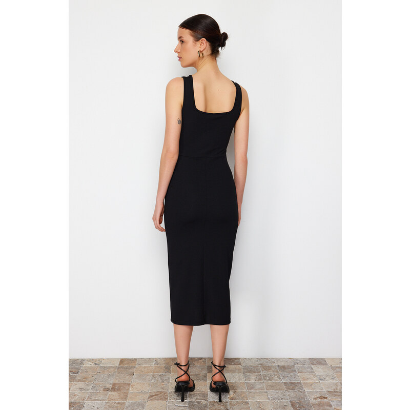 Trendyol Black Fitted/Body-Sitting Slit Square Collar Flexible Knitted Midi Dress