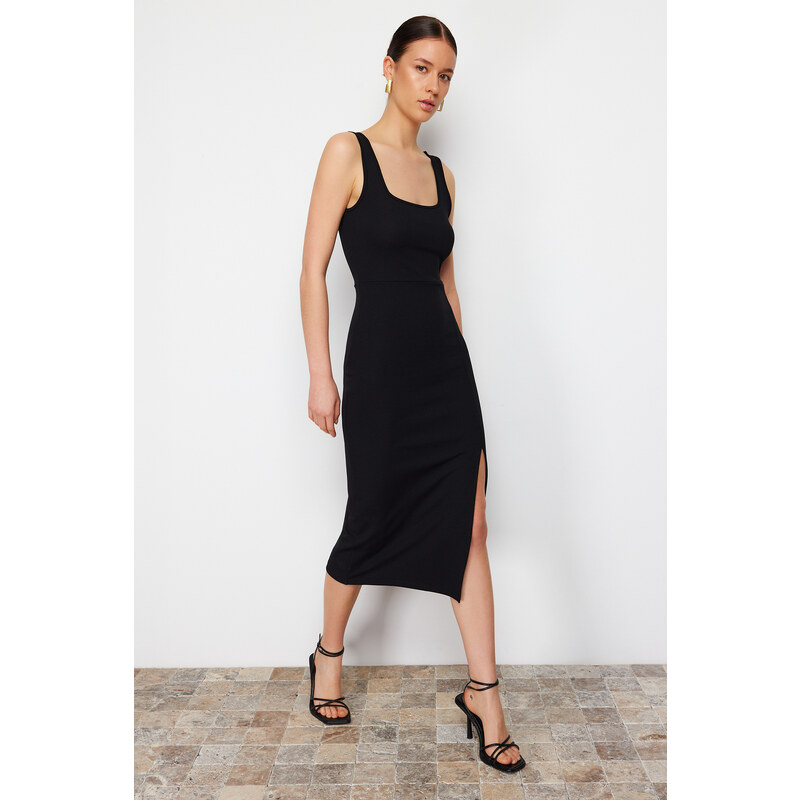 Trendyol Black Fitted/Body-Sitting Slit Square Collar Flexible Knitted Midi Dress