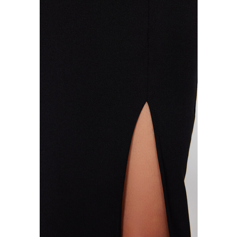 Trendyol Black Fitted/Body-Sitting Slit Square Collar Flexible Knitted Midi Dress