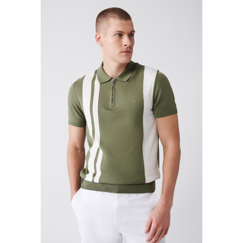 Avva Men's Khaki Polo Neck Color Block Ribbed Regular Fit Knitwear T-shirt
