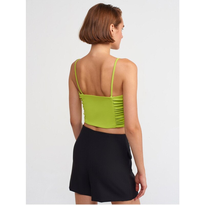 Dilvin 20129 Gathered Detailed Strap Crop Top-Lime