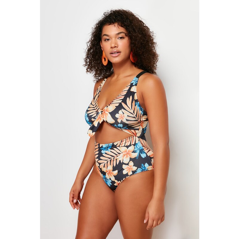 Trendyol Curve Blue Tropical Patterned Swimsuit with Tie Detail and Slimming Effect