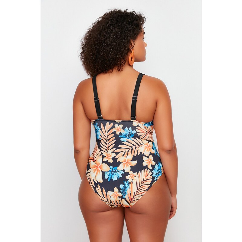 Trendyol Curve Blue Tropical Patterned Swimsuit with Tie Detail and Slimming Effect