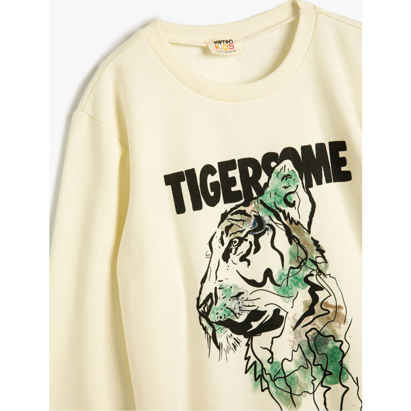 Koton Sweatshirt Crew Neck Tiger Printed Long Sleeve Raised